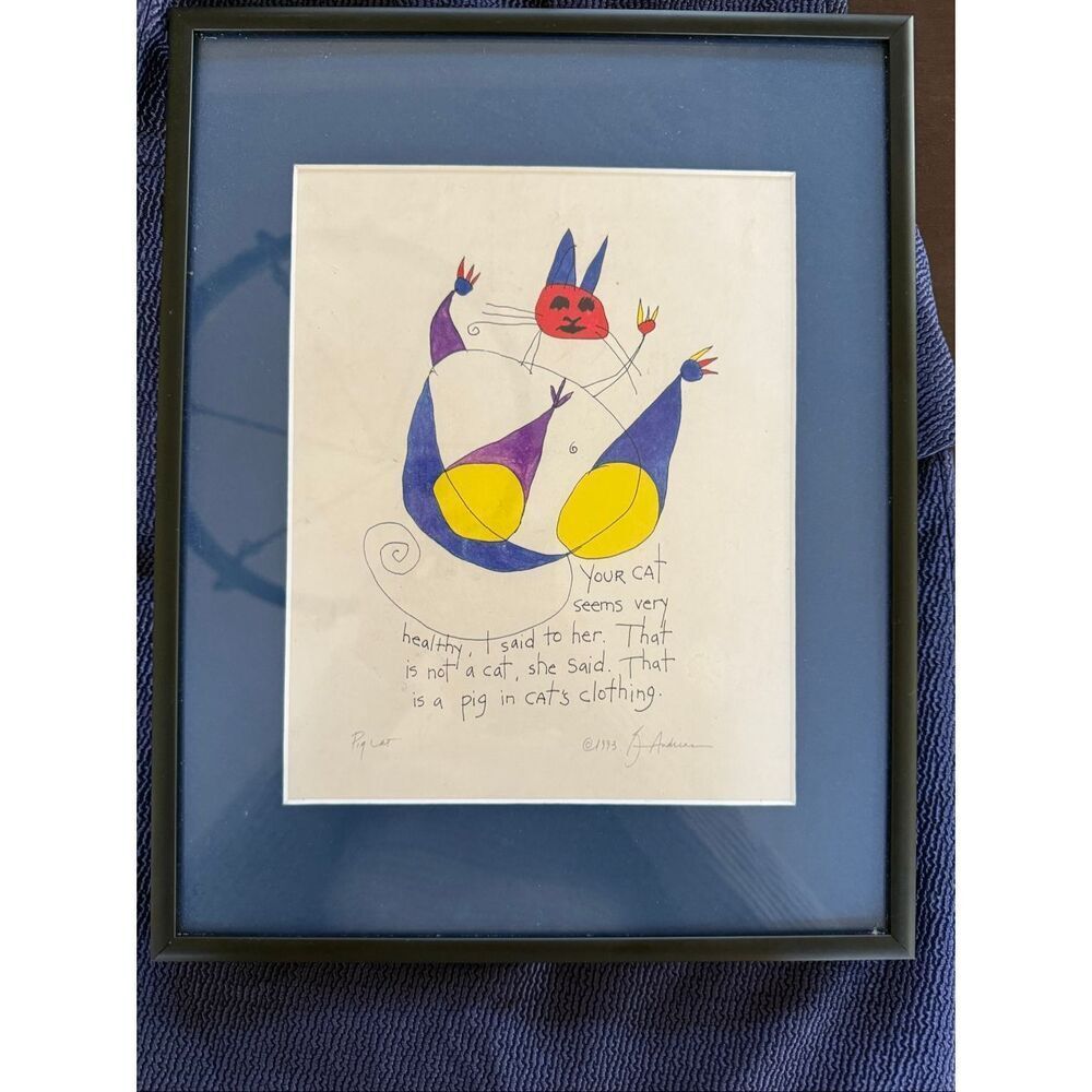 Rare 1993 Brian Andreas Story People Pencil Signed PIG CAT Framed & Matted